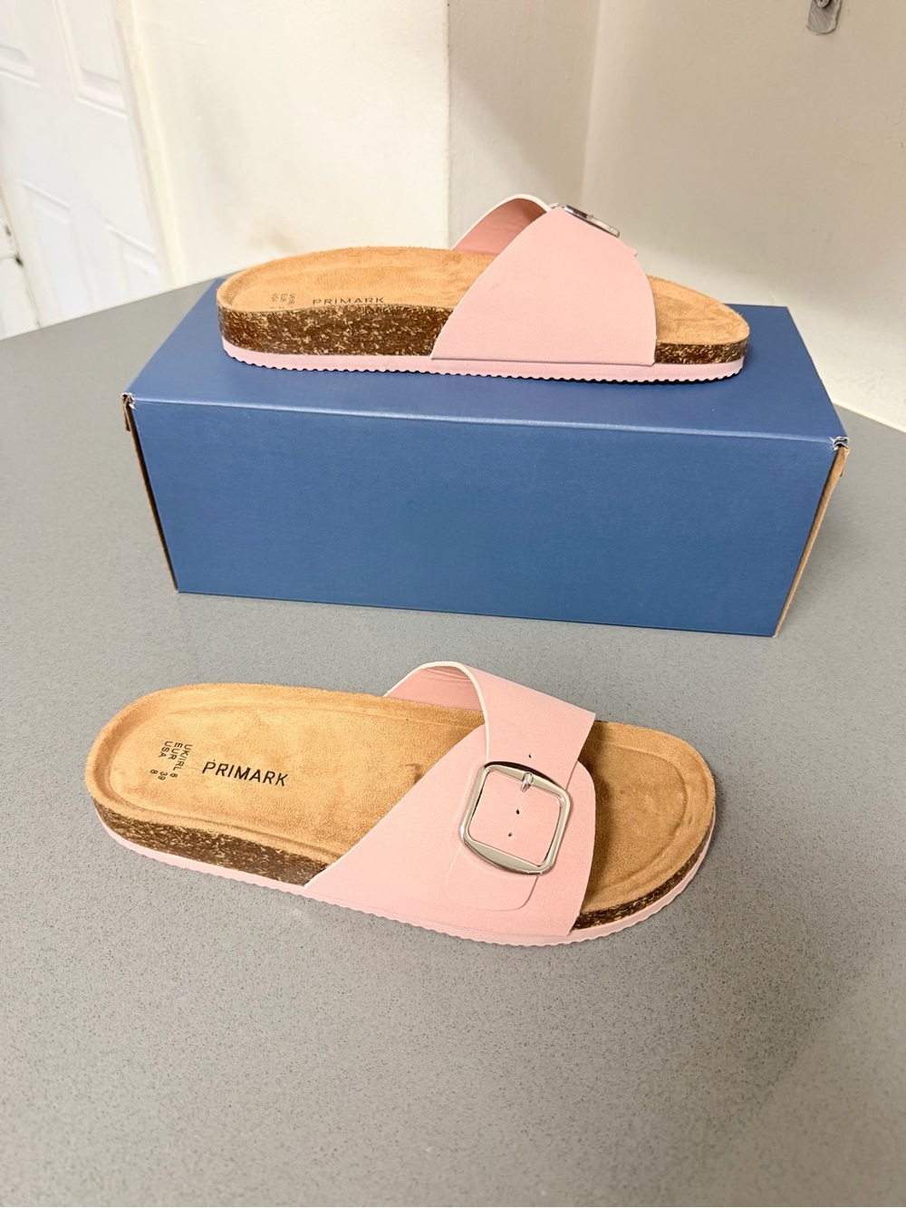 Pink Buckle strap mule suede women’s Slide Sandals cork footbed size 8